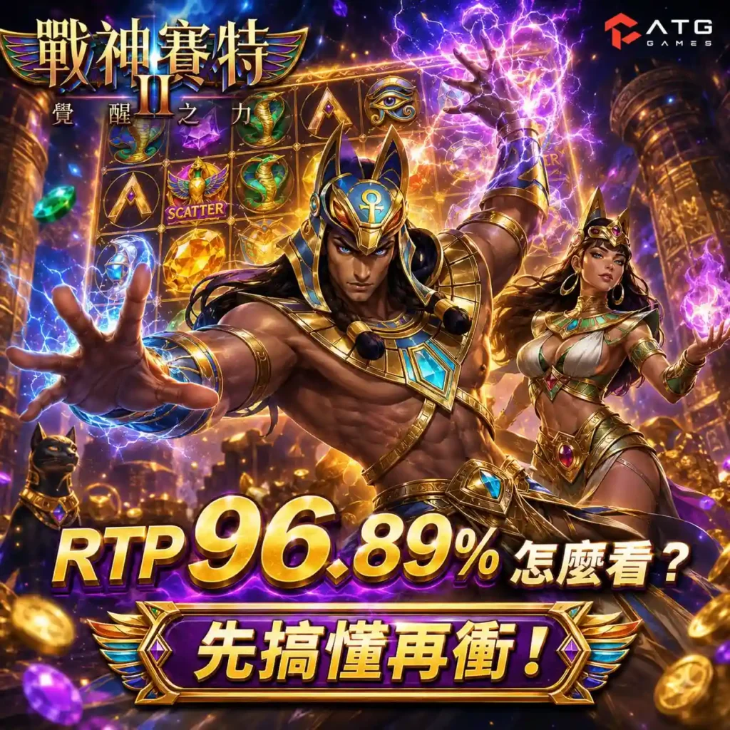 ATG戰神塞特2機率主視覺，呈現RTP 96.89%、賽特角色與老虎機盤面